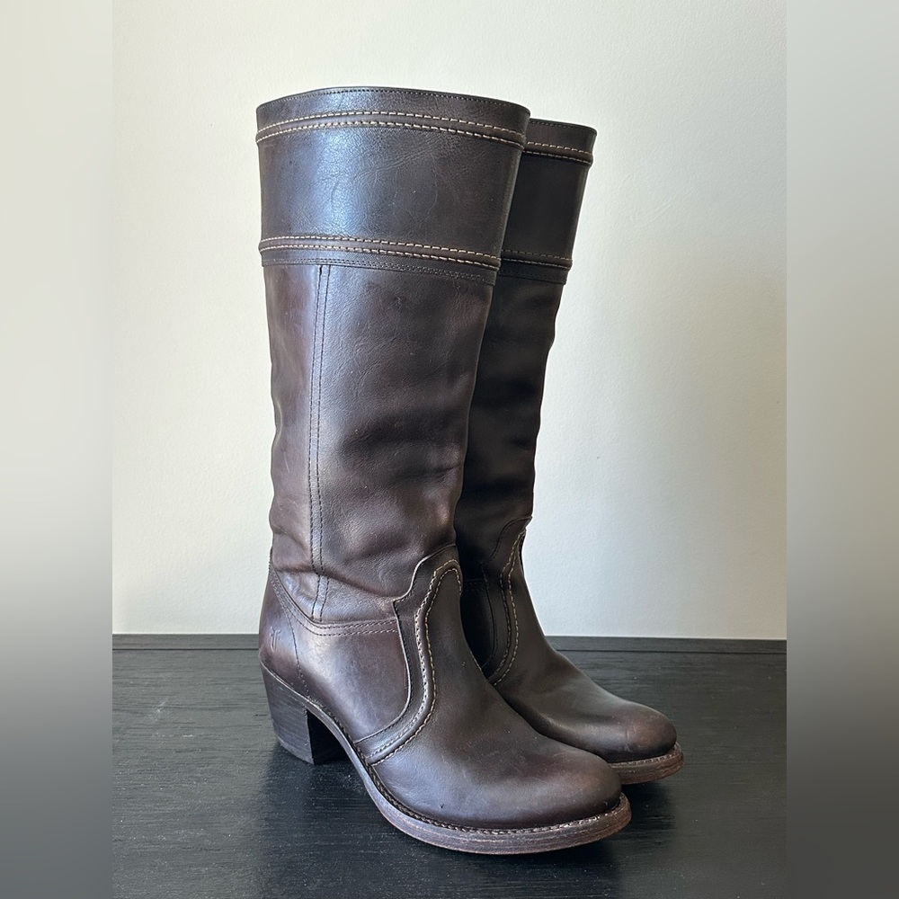 FRYE US 8.5 B Jane 14” Tall Heeled Leather Boots Made In Mexico Extended Calf
